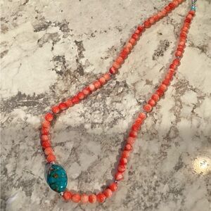 Vibrant Orange Coral Beaded Necklace with Turquoise Stone